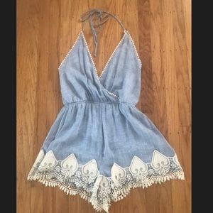 Blue chambray & crochet halter-tie romper